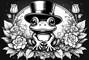Cute Frog in a top hat holding flowers to go on a date tattoo idea