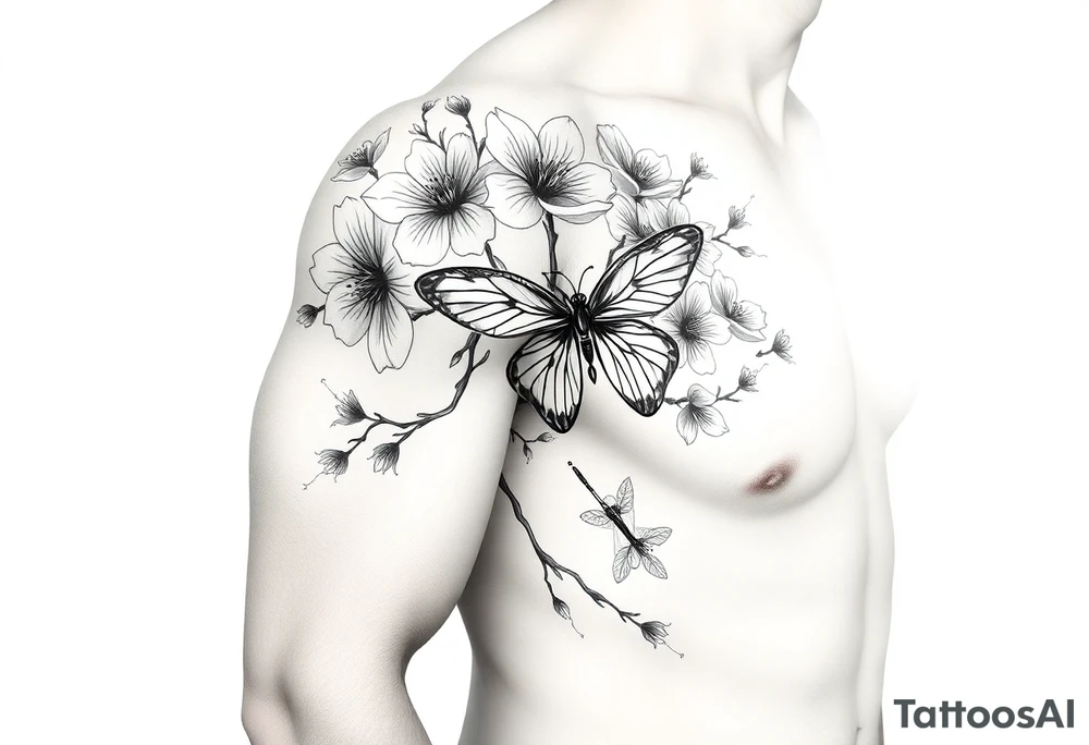 Cherry blossom with butterfly and dragonfly tattoo idea