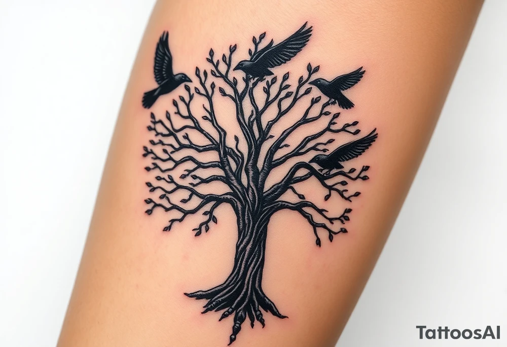 The Tree of Life, color infused, ravens flying around it, tattoo idea