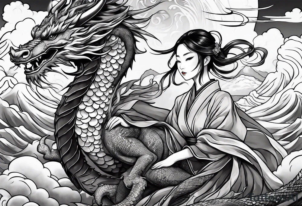 beautiful warrior nymph riding a dragon and the background will be mountains, clouds, and a Japanese building tattoo idea