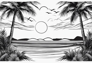 simple beach landscape on upper arm with palm trees tattoo idea