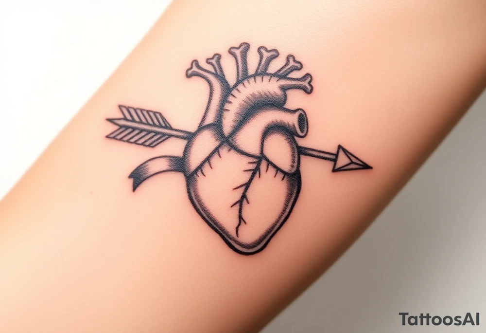anatomical heart pierced by ornate arrow with flowing ribbons tattoo idea
