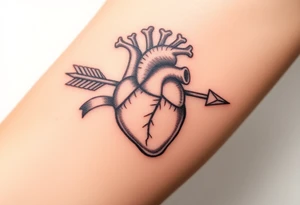 anatomical heart pierced by ornate arrow with flowing ribbons tattoo idea
