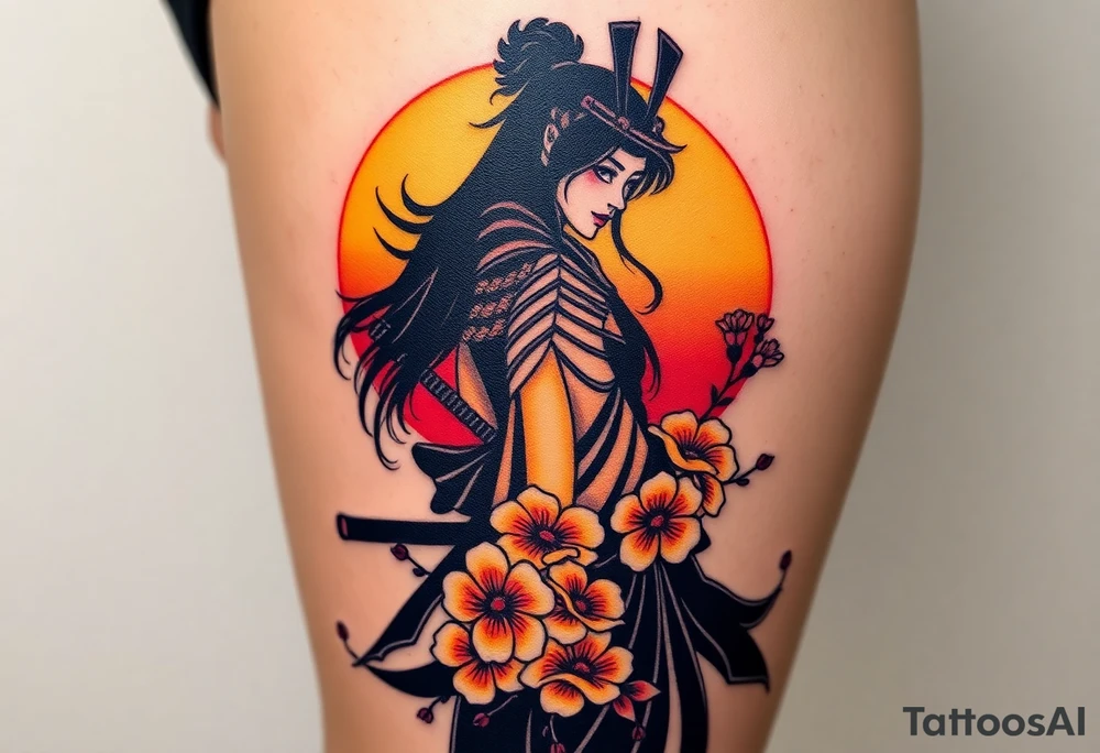 noble female samurai warrior silhouette at sunset with flowers, yellows and reds tattoo idea