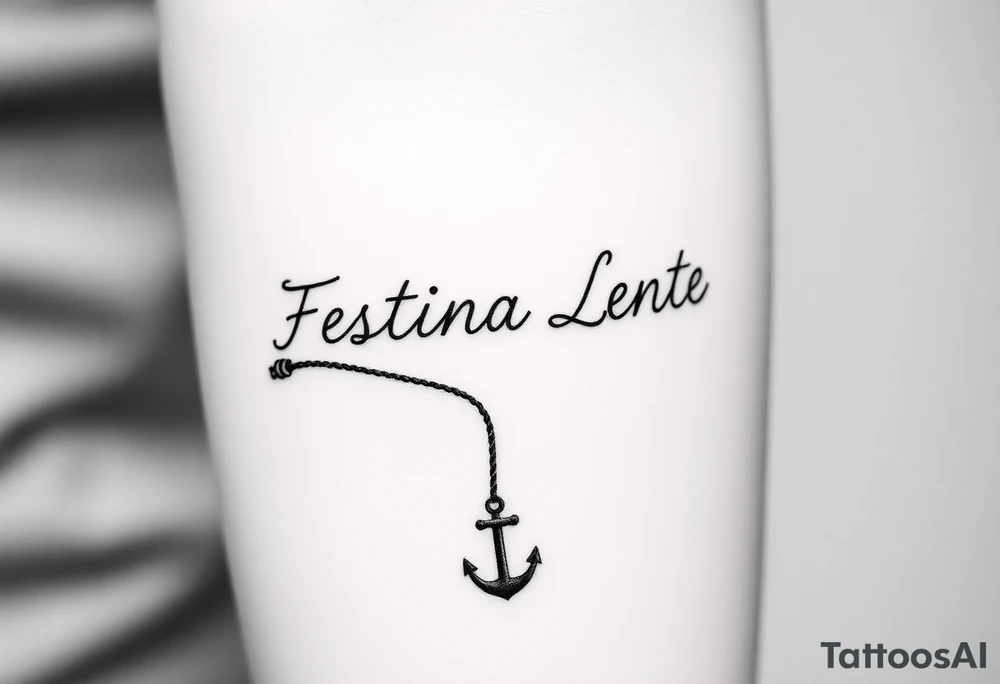 A small, minimal conceptual tattoo for the inner arm.
The phrase “Festina Lente” is not written traditionally; instead, the entire text is formed subtly from a single thin rope.
At the lower end of the rope, a small anchor is attached and appears embedded into the skin, symbolizing patience and stability.
At the opposite end, the rope is being pulled by a very small, minimal, symbolic devil silhouette representing haste.
The rope naturally twists and curves to form the letters of “Festina Lente”, so that at first glance it looks like an abstract rope composition, but upon closer inspection the text becomes readable.
Highly refined, modern calligraphic flow created by the rope itself, elegant and understated.
Black ink only, ultra-fine line work, minimal shading, strong use of negative space, contemporary 2026 tattoo style.
No traditional tattoo elements, no bold outlines, no old-school style, no decorative ornaments.
Clean, intelligent, subtle storytelling tattoo suitable for a small inner-arm placement. tattoo idea
