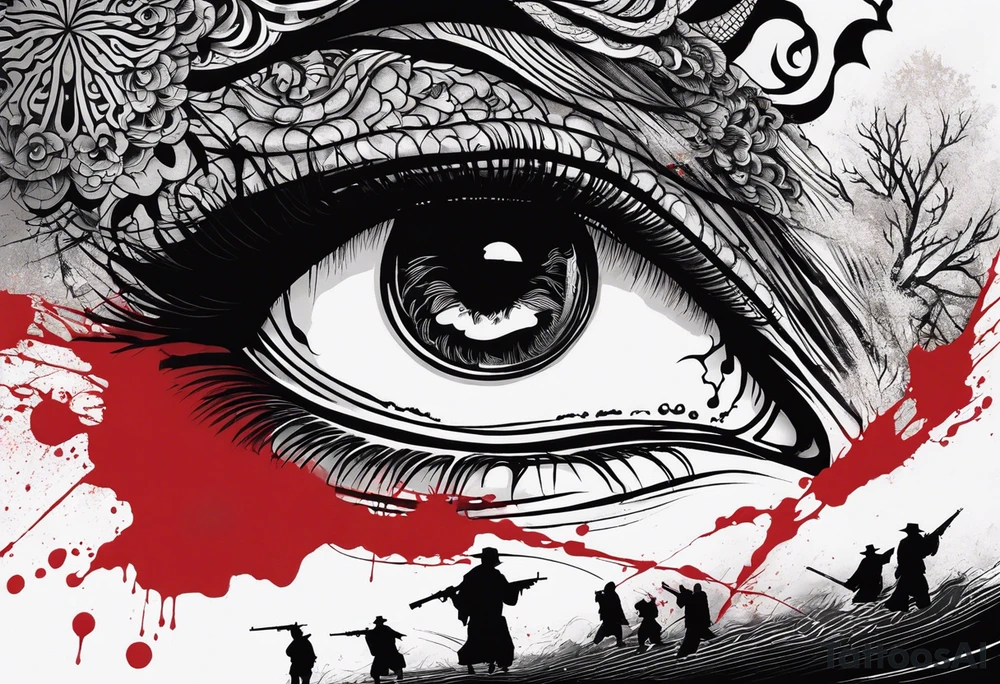 In the reflection of a eye crying blood two black siloets of people holding guns one man dead on the ground with a wounded woman standing behind him tattoo idea