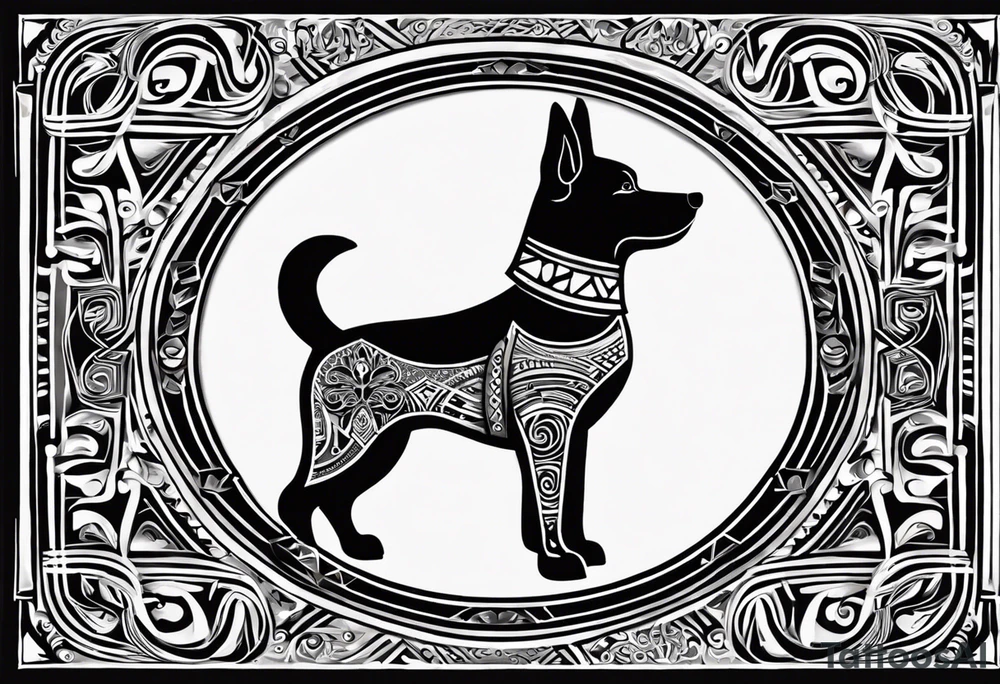 {
  "prompt": "Create a detailed tribal-style image of a dog for the back of a deck of cards. The dog should be depicted symmetrically, with intricate patterns made of bold lines and geometric shapes. Incorporate traditional tribal art elements, such as swirling motifs, detailed ornamentation, and dynamic, flowing lines to convey strength and mysticism. Ensure the overall composition is balanced and centered. The background should be simple, allowing the intricate design of the dog to stand out prominently and create a visually striking, powerful, and elegant design.",
  "size": "1024x1024"
} tattoo idea