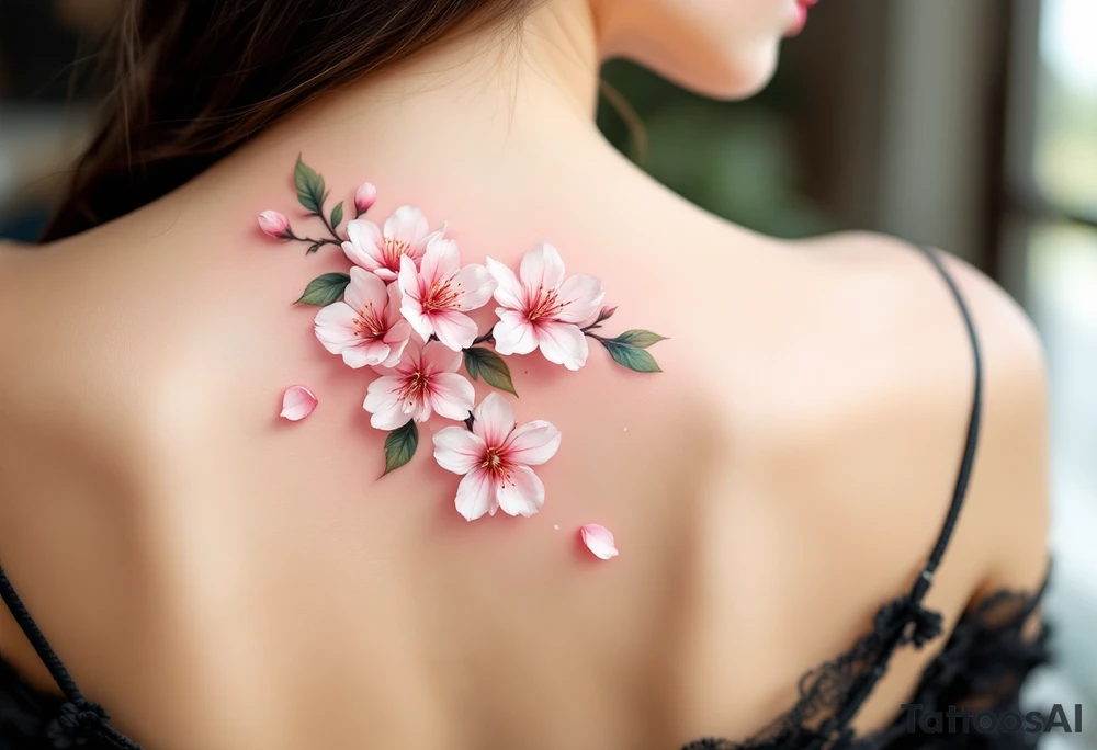A delicate cherry blossom tattoo features soft pink and pale white flowers with subtle gradients, blooming along a slender dark brown branch with hints of mossy green leaves, often accented by falling petals in translucent rose hues for a graceful, airy effect. tattoo idea