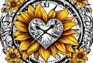 Sunflower clock leaves heart tattoo idea