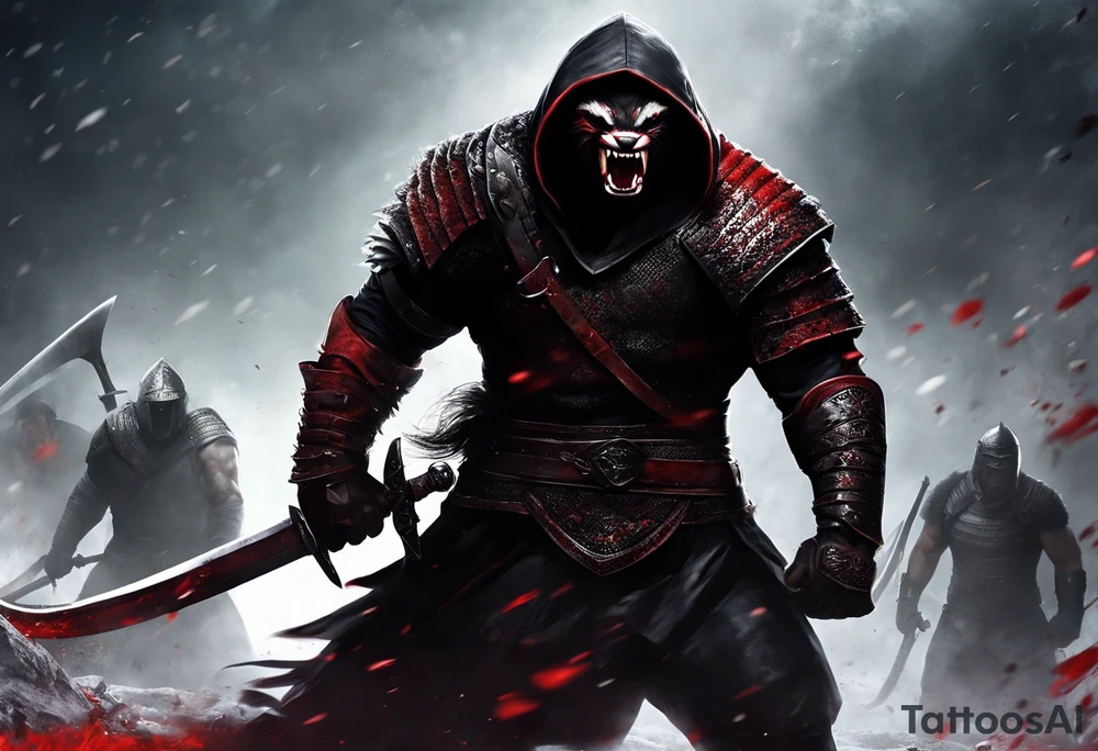 Draw me psychopath Fearless Honey Badger/Berserker with aggressive full body, killer face with a scary smile, very long nails and he attacks like a Bloody Assassin/Warrior/Gladiator to us and also, he has very deadly looking. He fights with his nails only. Everybody scares after their first sight. Give me horror type Badger Tattoo. I want to see his Realistic full body with no weapons. You can show destruction at the back. tattoo idea