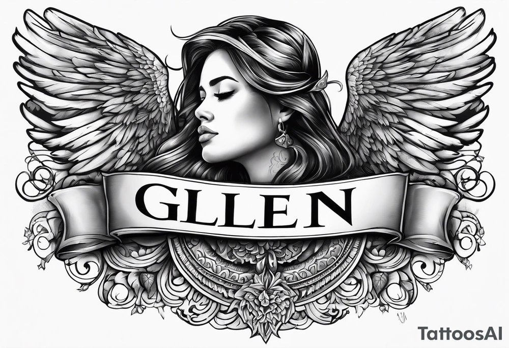 The word Glenn on a banner with angel Wings tattoo idea