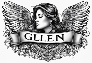 The word Glenn on a banner with angel Wings tattoo idea