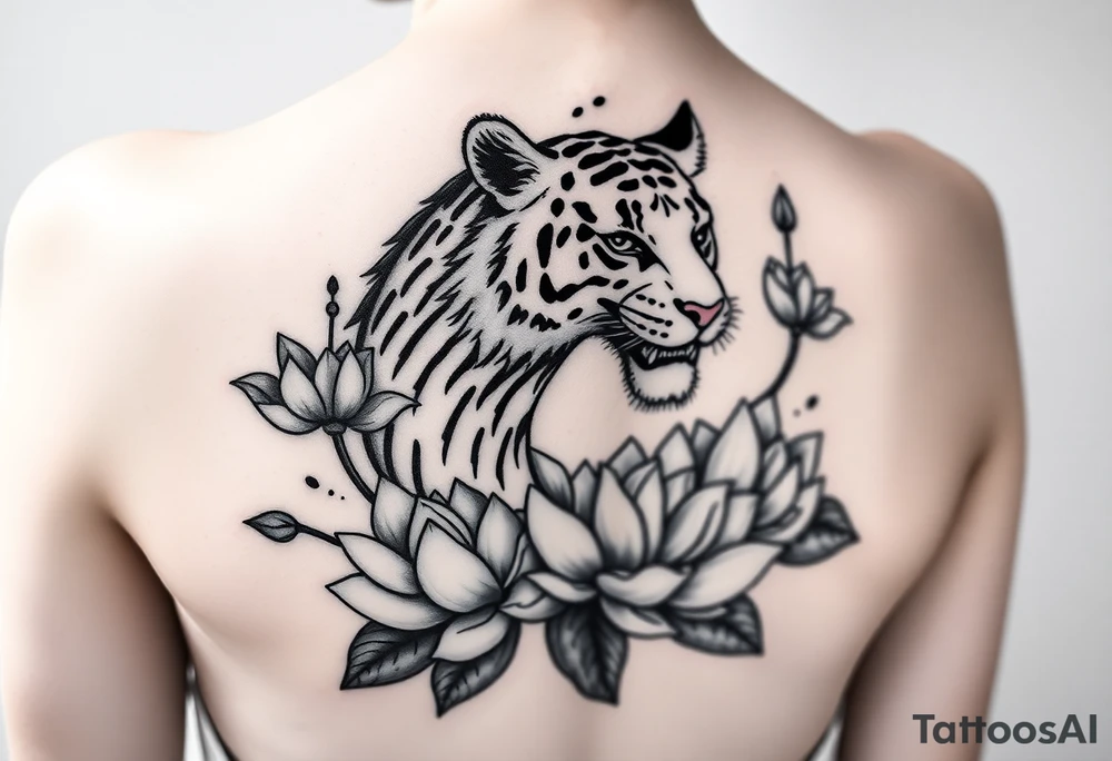 fierce tiger emerging through blooming lotus flowers in mist tattoo idea