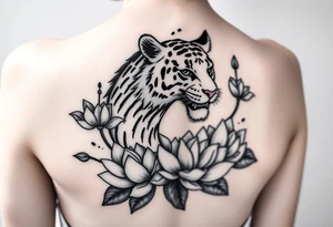 fierce tiger emerging through blooming lotus flowers in mist tattoo idea