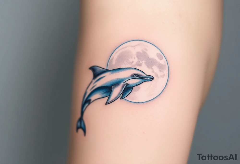 A dolphin emerging from a glowing full moon, with a deep navy-blue sky and soft silver highlights tattoo idea