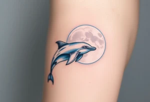 A dolphin emerging from a glowing full moon, with a deep navy-blue sky and soft silver highlights tattoo idea