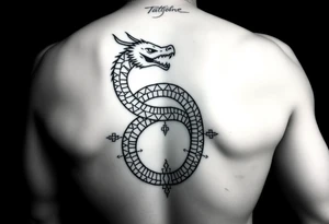 Ouroborous or dragon/serpent/snake eating its own tail in a figure 8 in negative space with geometric patterns on a leg tattoo design tattoo idea