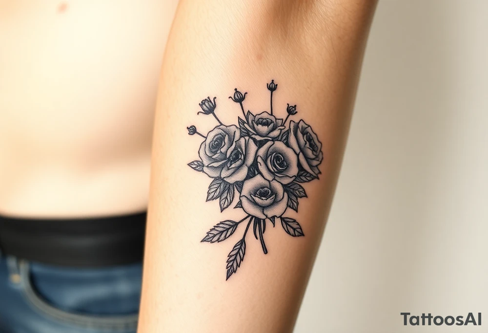 vintage bouquet of wild roses and meadow flowers with morning dew tattoo idea