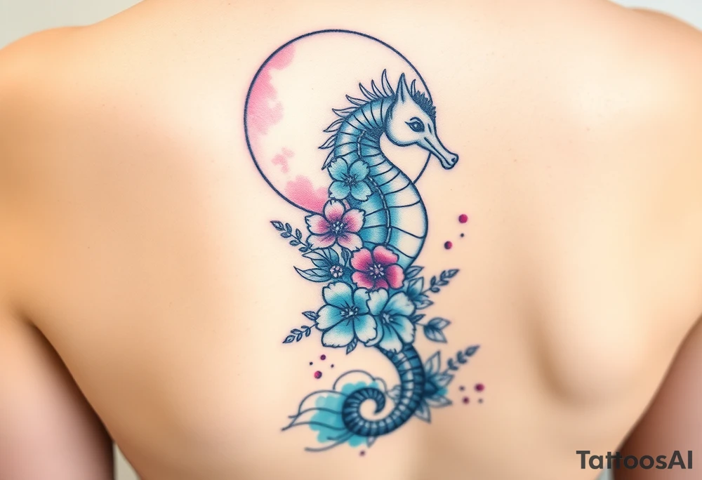 Sea horse flowers moon and waves tattoo idea
