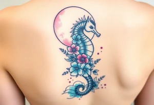 Sea horse flowers moon and waves tattoo idea