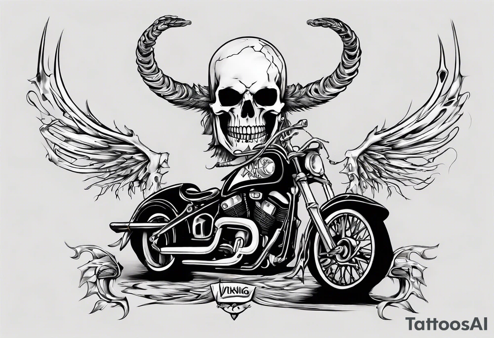 I want a tattoo of a motorcycle and a skeleton in the back with the name “Viking Customs” incorporated in the design tattoo idea