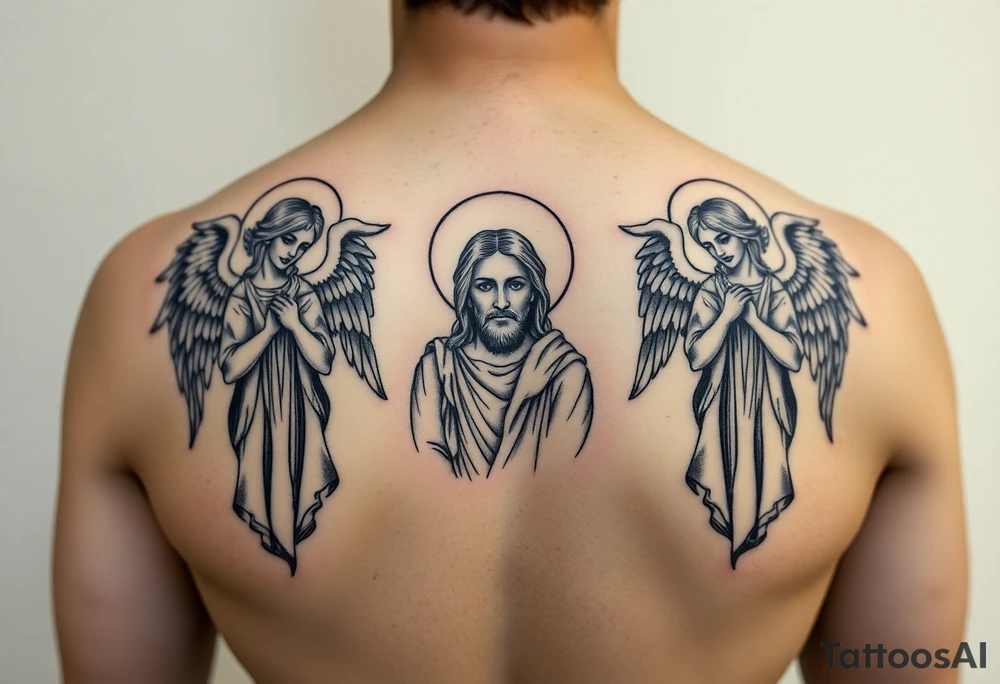 russian orthodox symmetrical guardian angel icon on left and right side of back with both angels holding up a jesus potrait tattoo idea