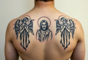 russian orthodox symmetrical guardian angel icon on left and right side of back with both angels holding up a jesus potrait tattoo idea