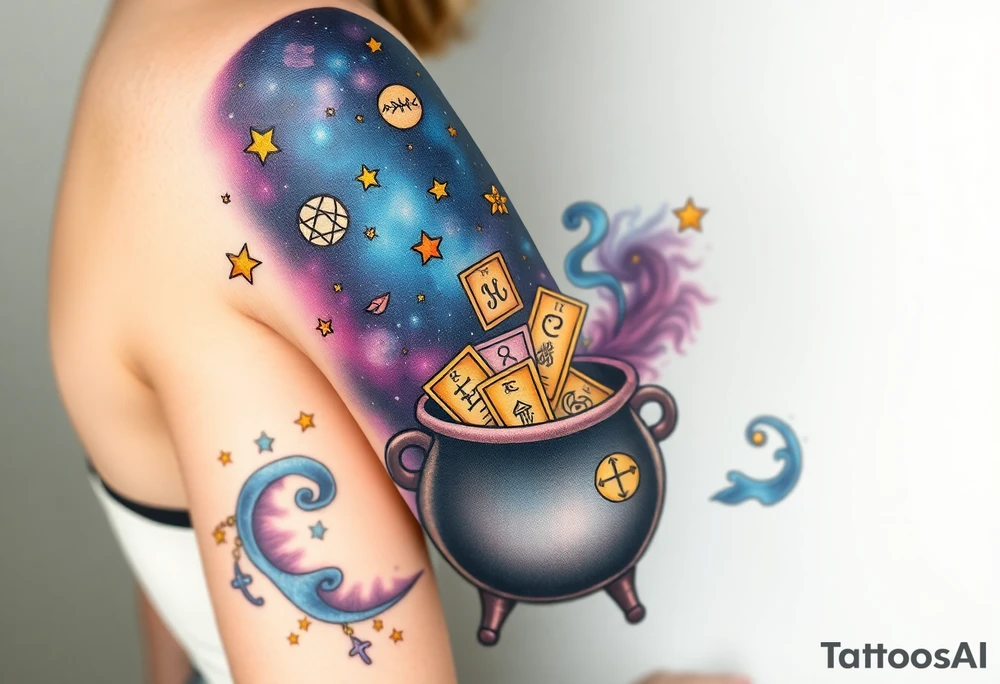 Milky way filled with zodiac symbols runes tarot cards coming out of a cauldron tattoo idea