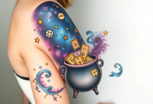 Milky way filled with zodiac symbols runes tarot cards coming out of a cauldron tattoo idea
