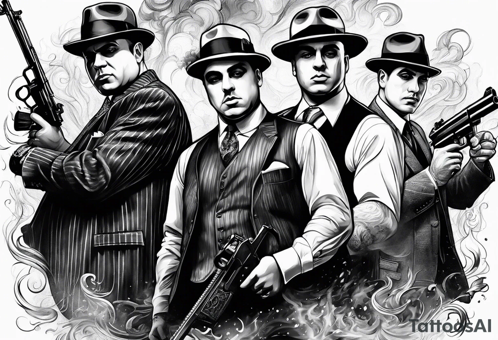 group of gangsters including Al Capone and bonnie and Clyde with machine guns surrounded by smoke and fire tattoo idea