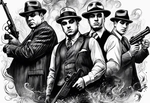 group of gangsters including Al Capone and bonnie and Clyde with machine guns surrounded by smoke and fire tattoo idea