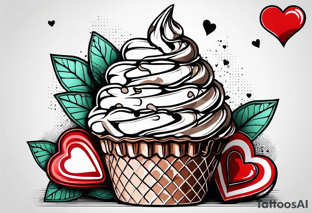 mint chocolate chip ice cream cone with small red heart on it somewhere. tattoo idea