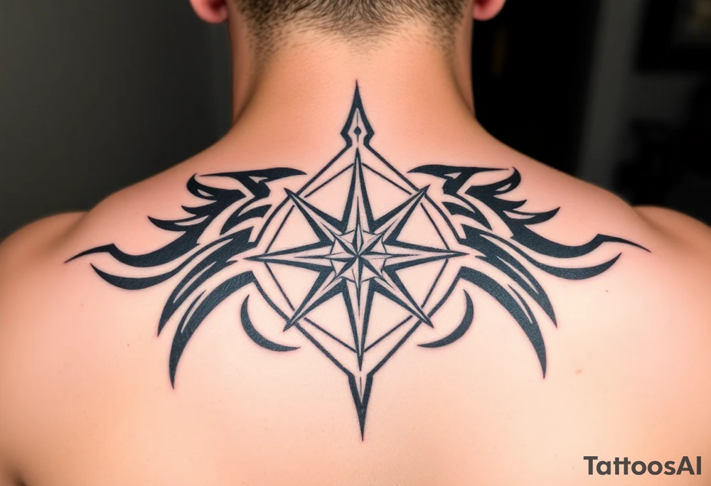 A sharp edged rip curl wave inside of an elongated diamond infront of a compass rose tattoo idea