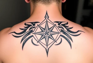 A sharp edged rip curl wave inside of an elongated diamond infront of a compass rose tattoo idea