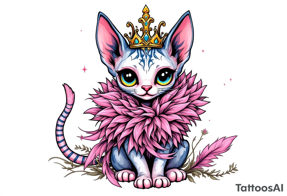 Chibi new school Glamorous sphinx cat with a pink feather boa and wearing a crown tattoo idea