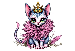 Chibi new school Glamorous sphinx cat with a pink feather boa and wearing a crown tattoo idea