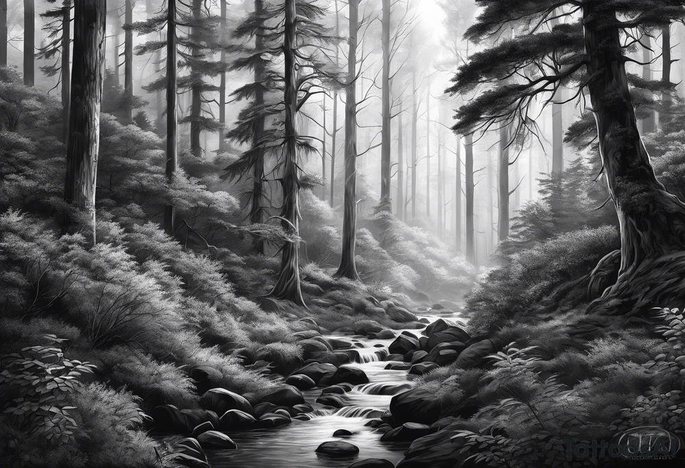 realistic black and gray forest tattoo idea