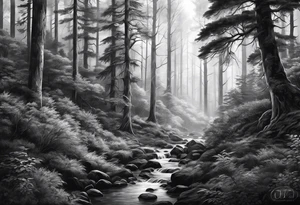 realistic black and gray forest tattoo idea