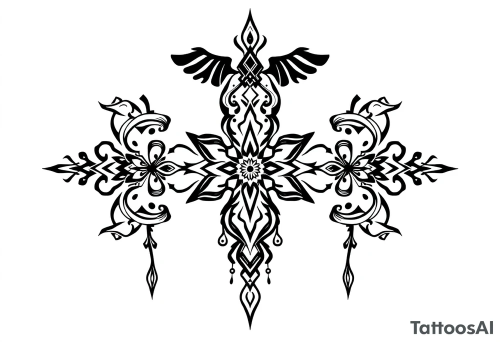 mystical long ornament tattoo with shaman and witch style and ancient rhyme tattoo idea