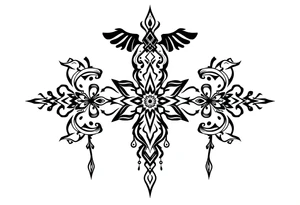 mystical long ornament tattoo with shaman and witch style and ancient rhyme tattoo idea