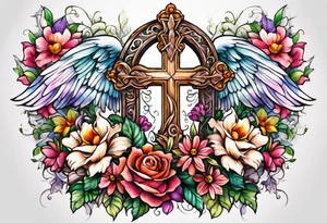Flowers around a cross with angel wings tattoo idea