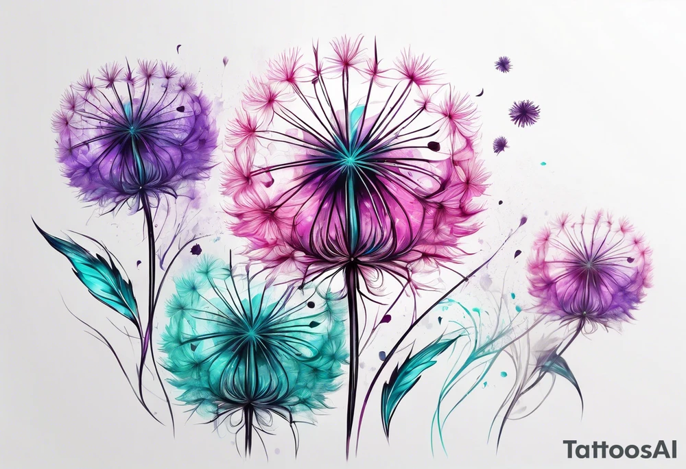 Pink purple and teal dandelion flower tattoo idea