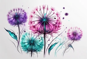 Pink purple and teal dandelion flower tattoo idea