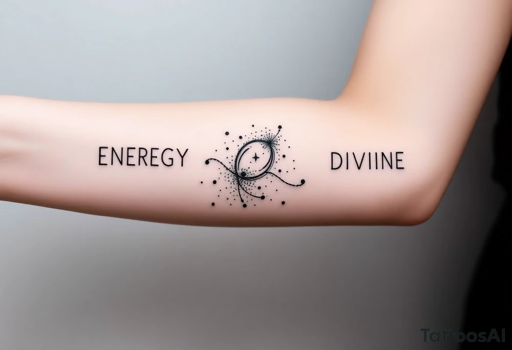 A minimalist blackwork dotwork tattoo featuring the word ‘ENERGY’ on the left arm, balancing with ‘DIVINE’ on the right. Surrounding ‘ENERGY’ is a swirling nebula, stardust, or a comet, designed with intricate dot shading and fine linework. The tattoo is realistic yet subtle, creating a cosmic, ethereal feel while keeping a clean, minimalist aesthetic. The elements flow naturally, complementing the shape of the arm without overpowering the text. tattoo idea