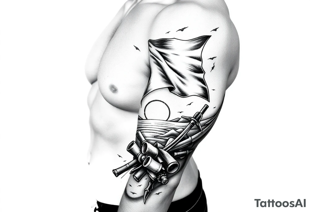 Full sleeve with pirate flag, sun rise, tattoo idea