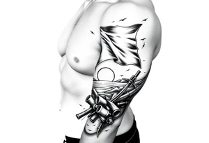Full sleeve with pirate flag, sun rise, tattoo idea