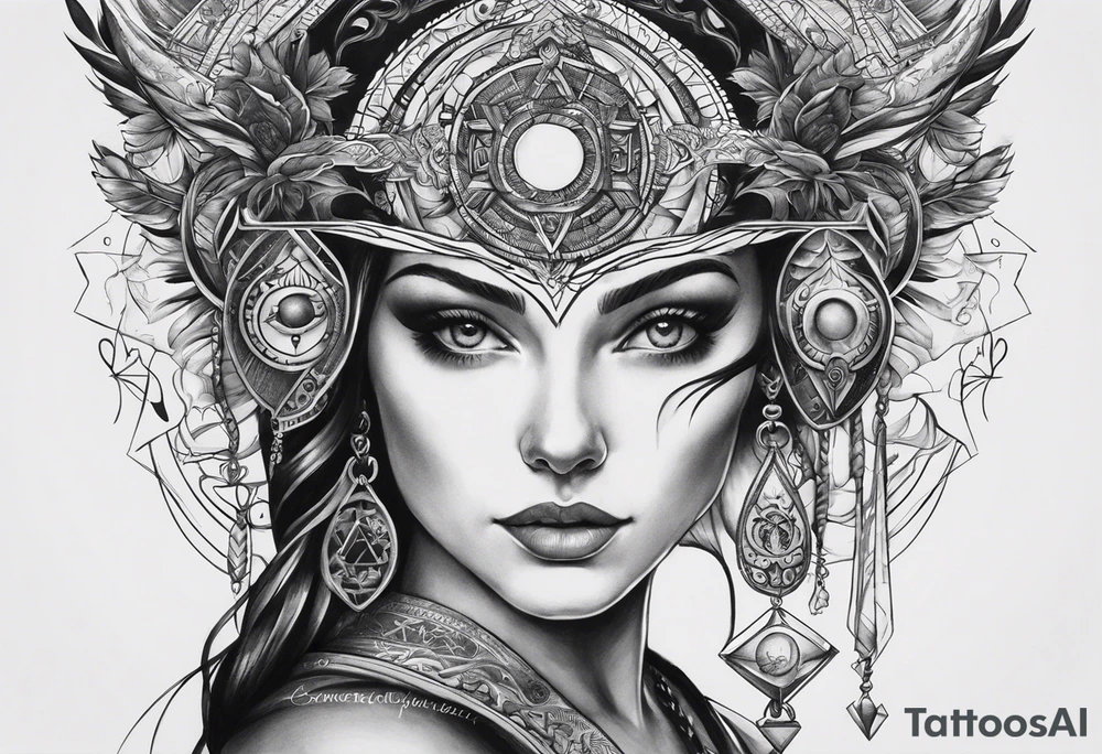 I want a mysterious enigmatic tattoo, with mysterious symbols and phrases, with the meaning of curiosity about conspiracy theories, the future, and the past, something that completes the upper part of the arm that is between the middle of the arm and the shoulder tattoo idea