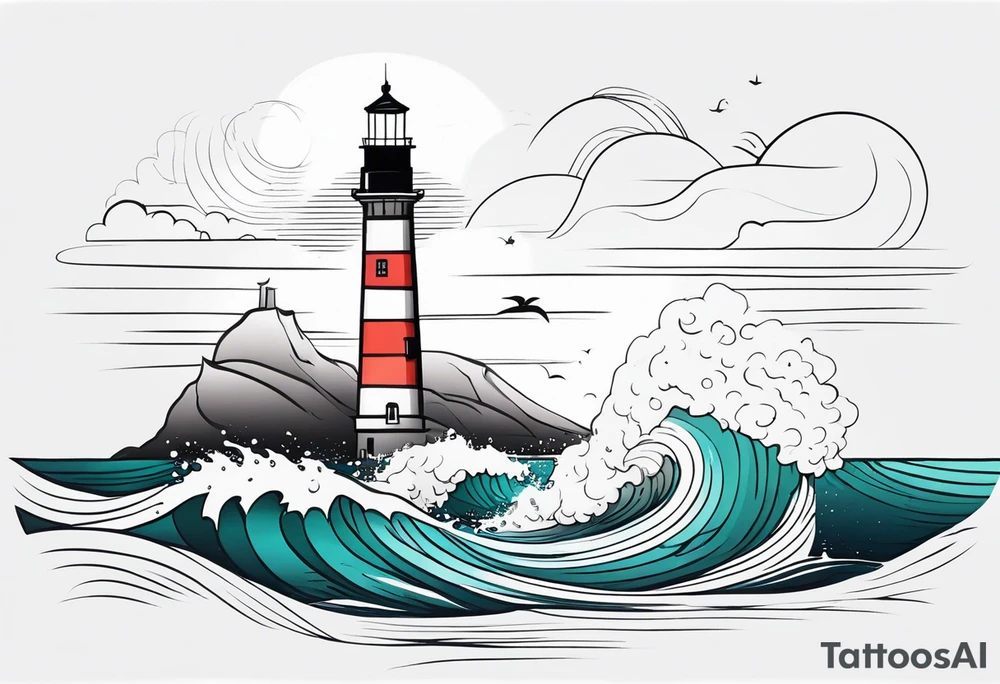 lighthouse at the ocean and waves, minimalist, fine line tattoo idea