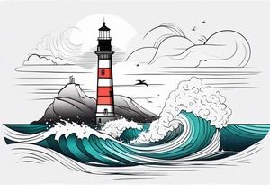 lighthouse at the ocean and waves, minimalist, fine line tattoo idea