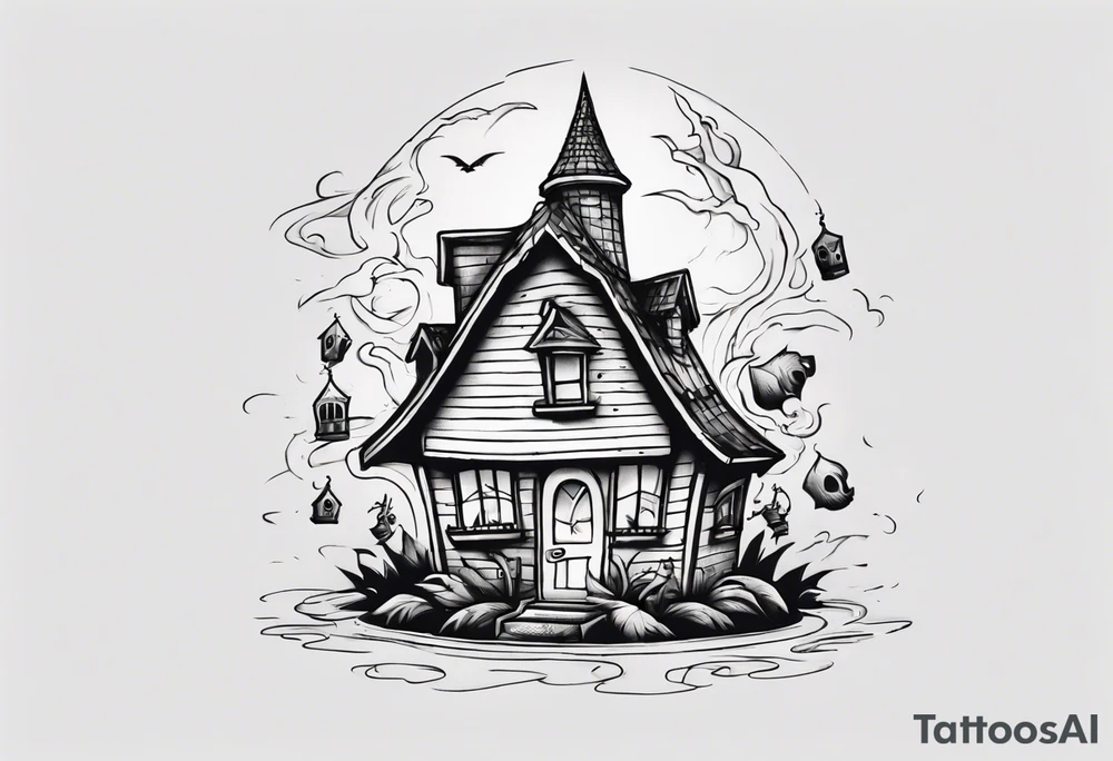 A little house with a monster coming out of its pointy roof tattoo idea